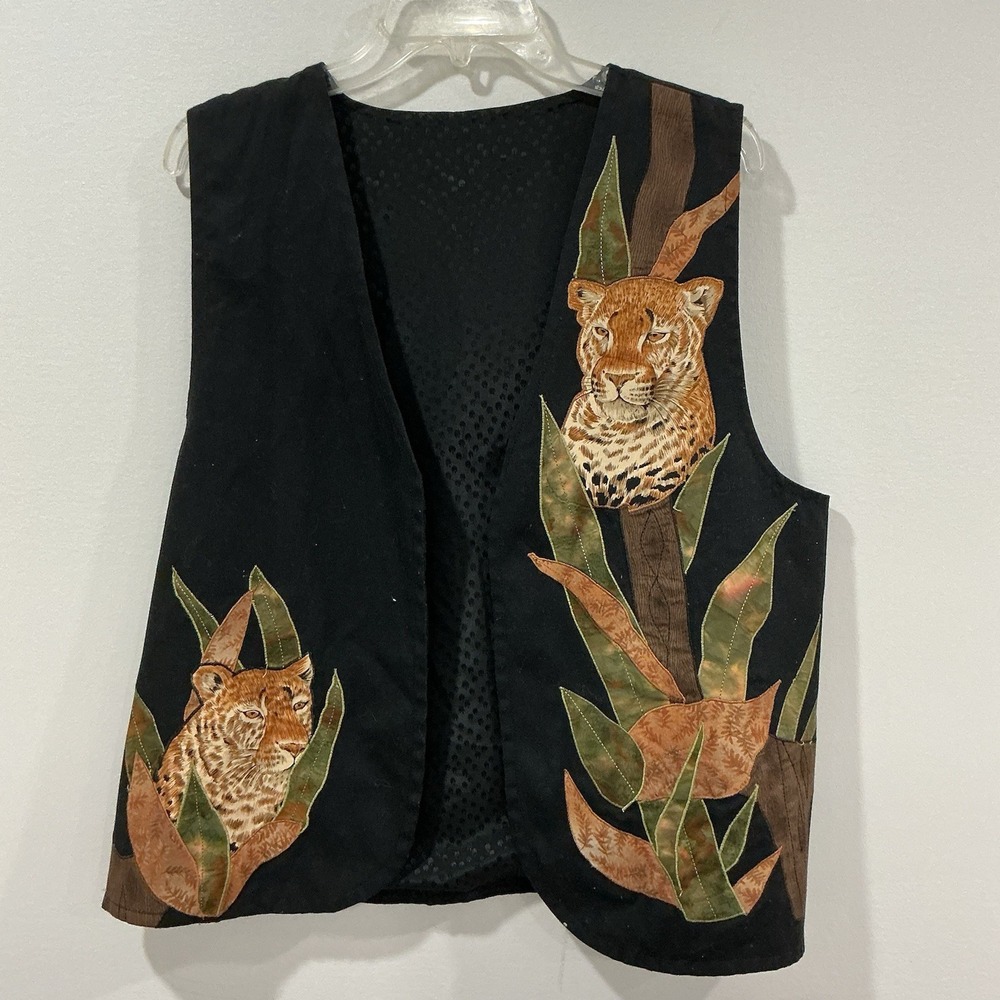 Vintage Leopard Safari Animal Print Embroidered Applique Vest Sz L Patchwork